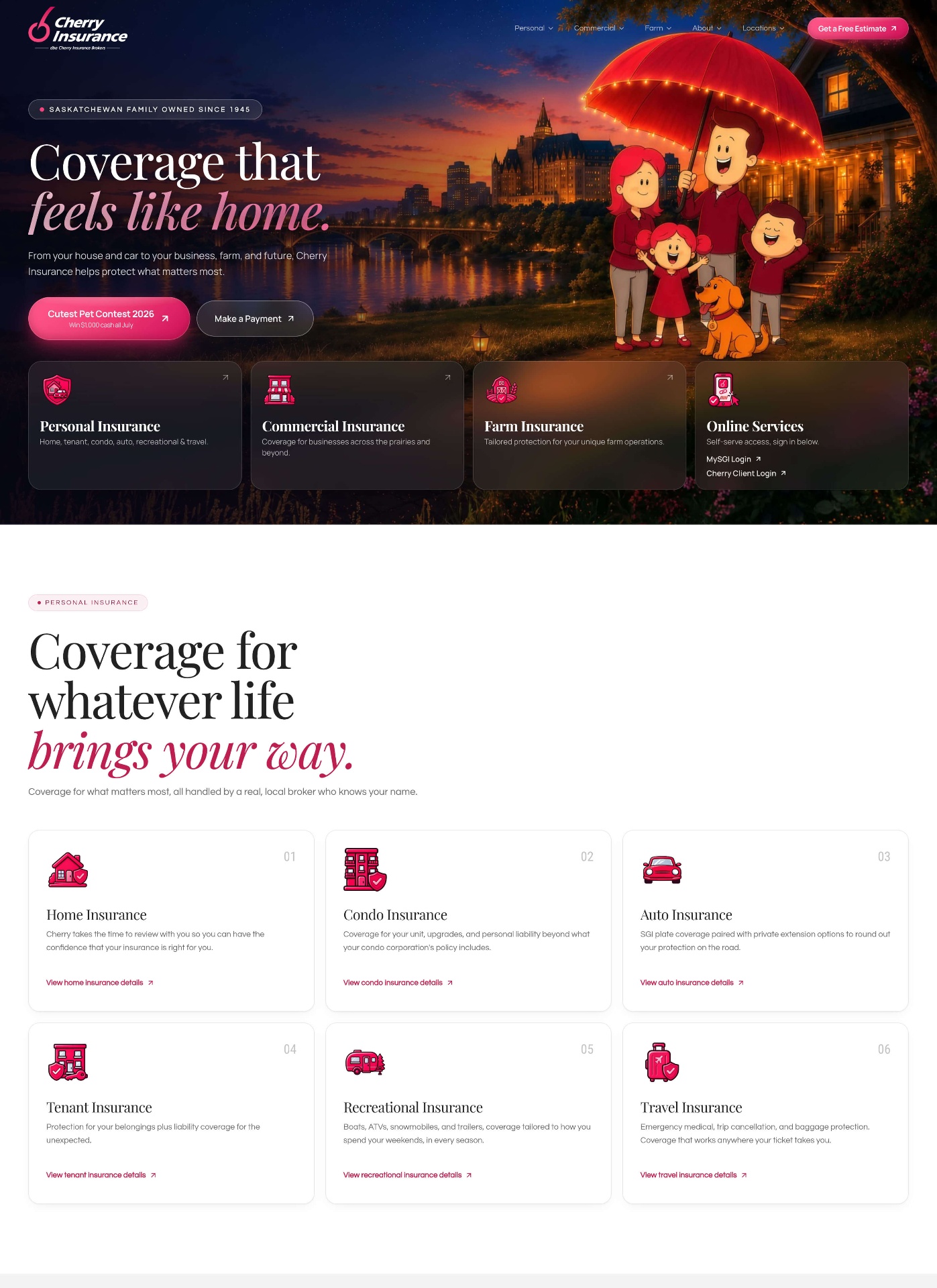 Full homepage design for Cherry Insurance, a Saskatchewan insurance brokerage.